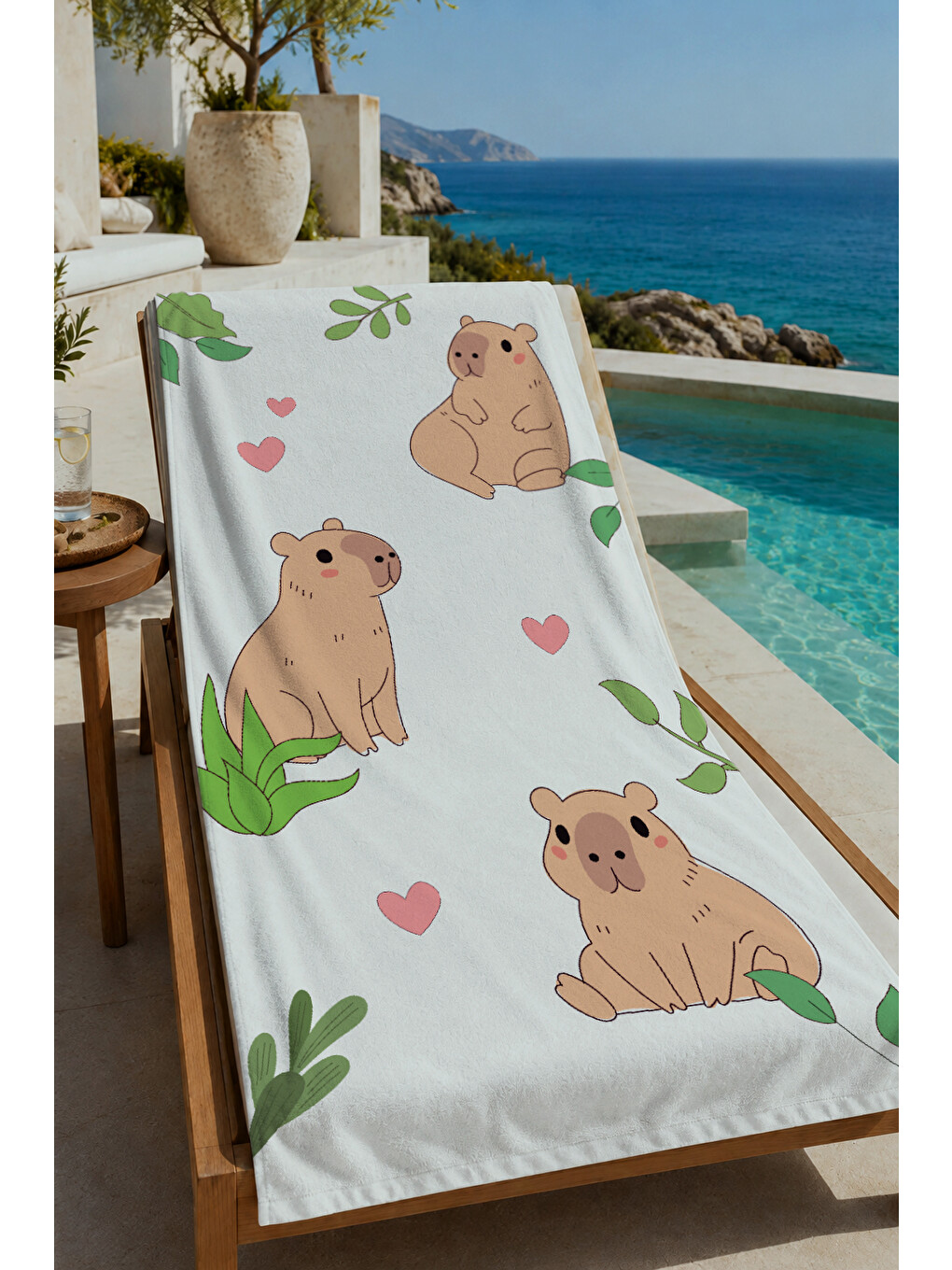 Pembe Kalp Ve Yaprak Desenli 70x150 Cm Dijital Baskılı Plaj Ve Banyo Havlusu