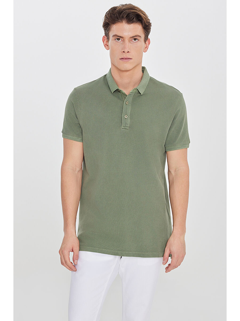 Erkek Haki %100 Pamuk Slim Fit Dar Kesim Polo Yaka Tişört