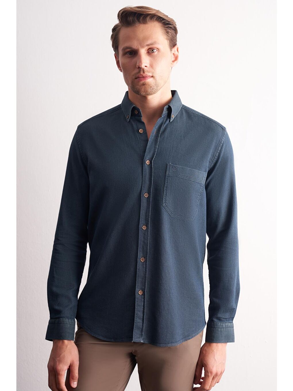 Lacivert Uzun Kol Düğmeli Yaka %100 Pamuk Slim Fit Gömlek 1004255199
