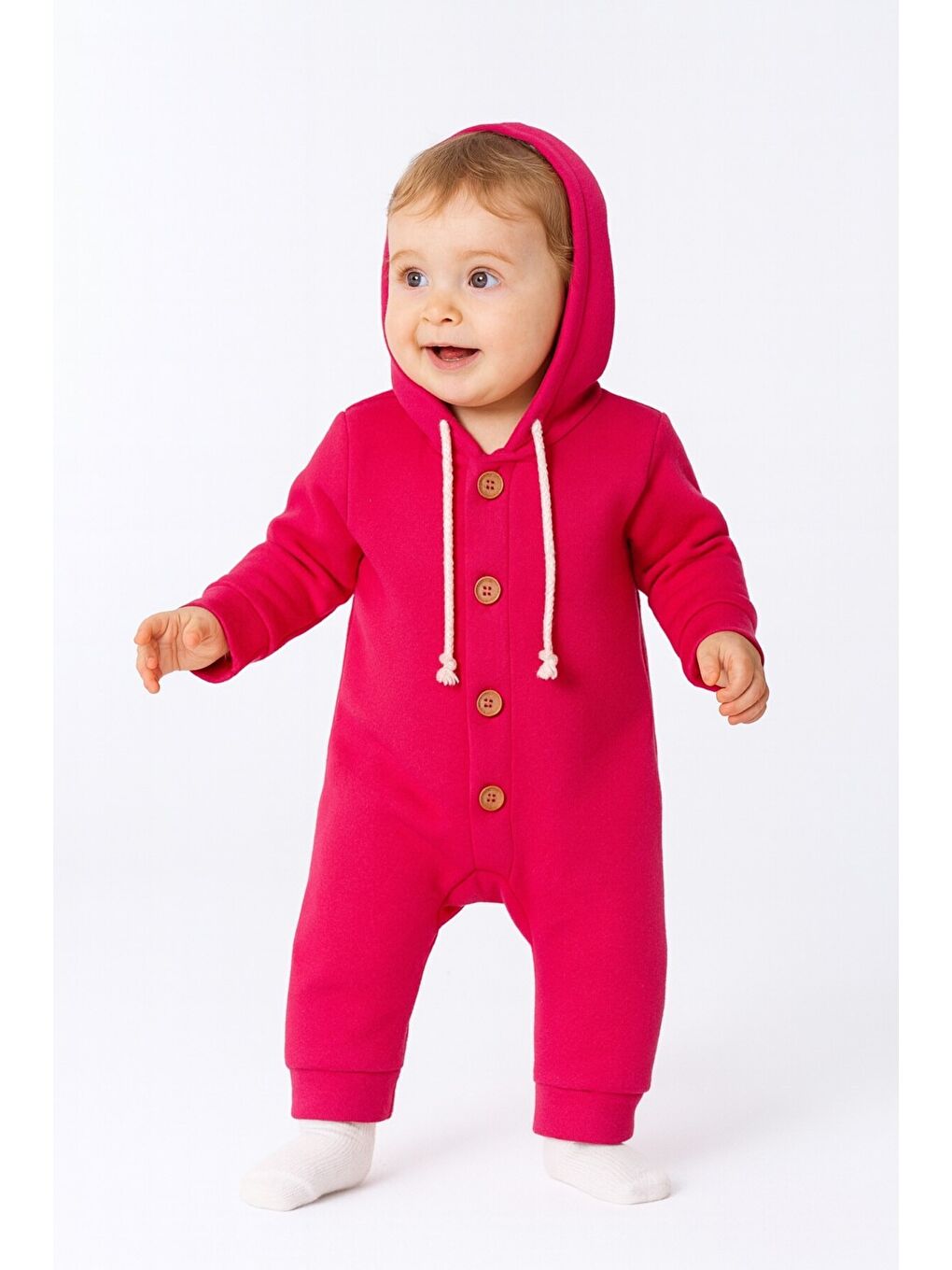 Fuşya Unisex Bebek Kapüşonlu Düğmeli Mevsimlik Tulum-1