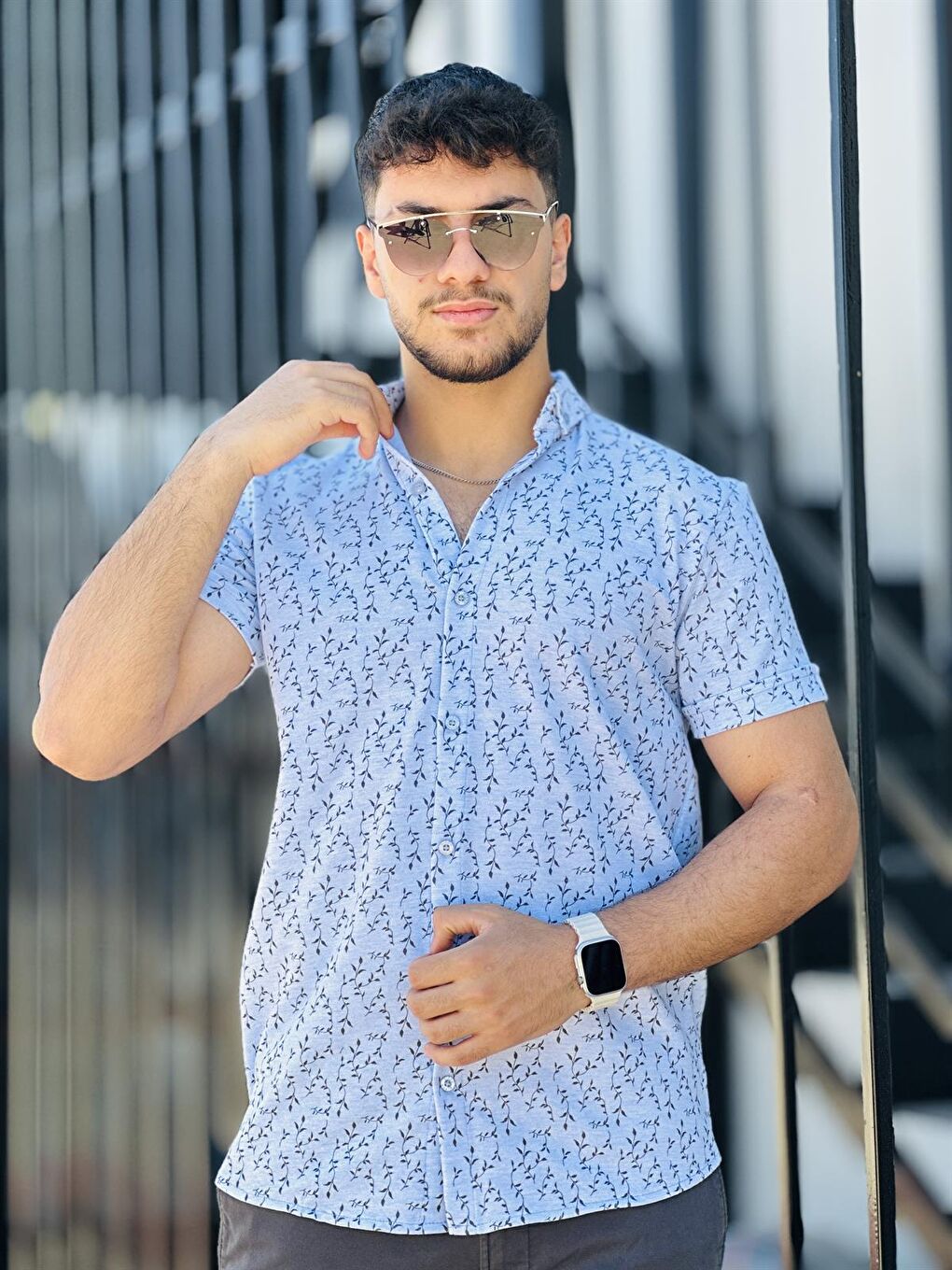 Dal Baskılı Pike Kısa Kollu Gömlek-Beyaz