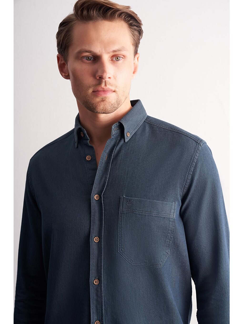 Lacivert Uzun Kol Düğmeli Yaka %100 Pamuk Slim Fit Gömlek 1004255199-3