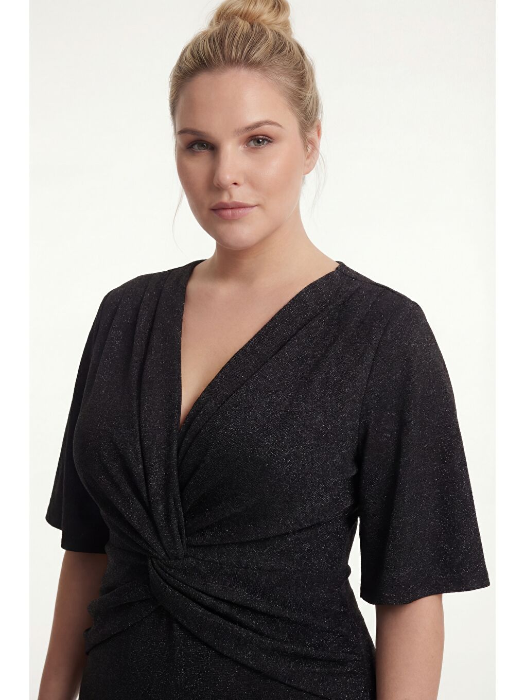 Kadın Siyah V Yaka Kısa Kol Büyük Beden Uzun Abiye Elbise-2