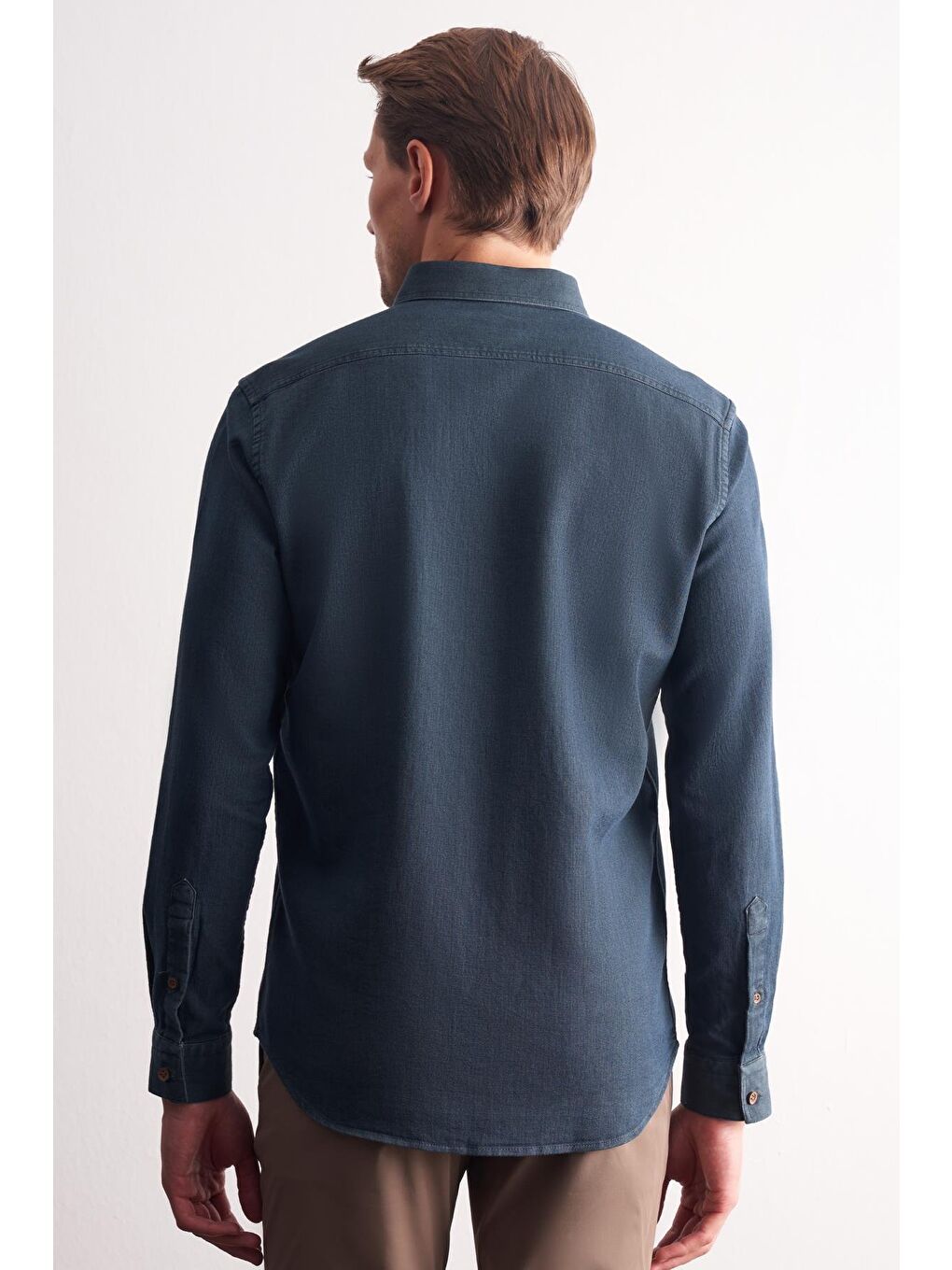 Lacivert Uzun Kol Düğmeli Yaka %100 Pamuk Slim Fit Gömlek 1004255199-4