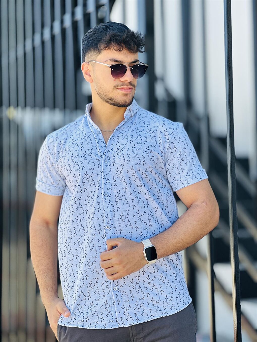 Dal Baskılı Pike Kısa Kollu Gömlek-Beyaz-1