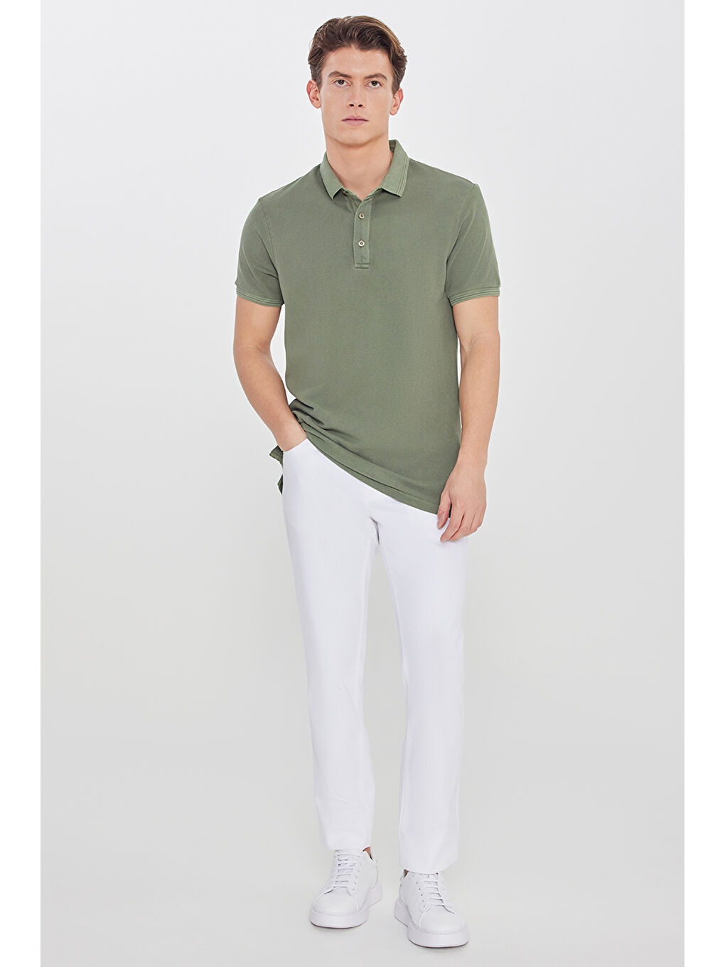 Erkek Haki %100 Pamuk Slim Fit Dar Kesim Polo Yaka Tişört-1