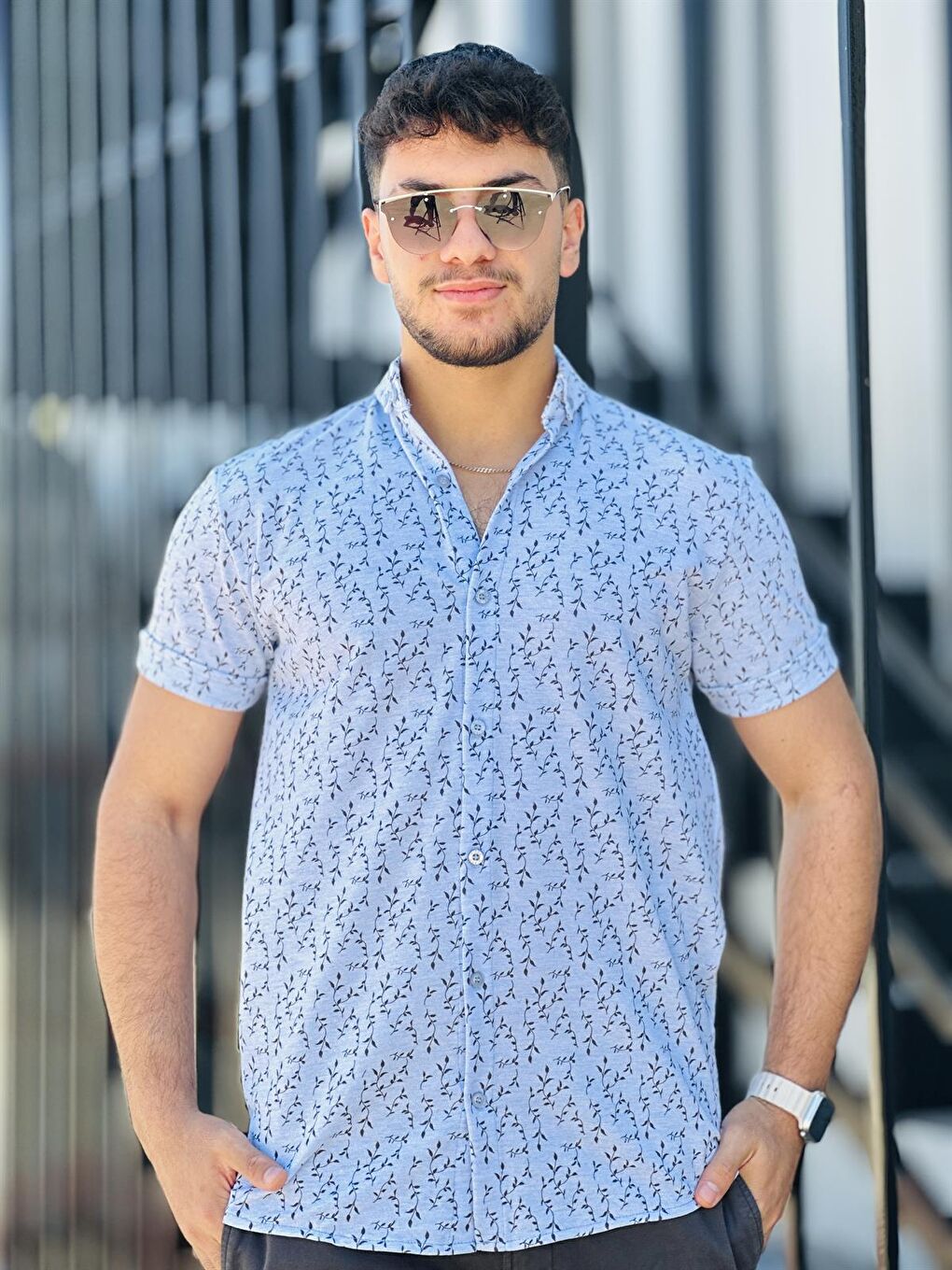 Dal Baskılı Pike Kısa Kollu Gömlek-Beyaz-2