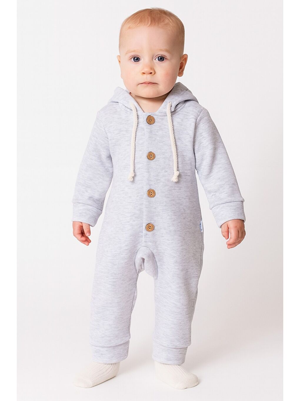 Gri Unisex Bebek Kapüşonlu Düğmeli Mevsimlik Tulum