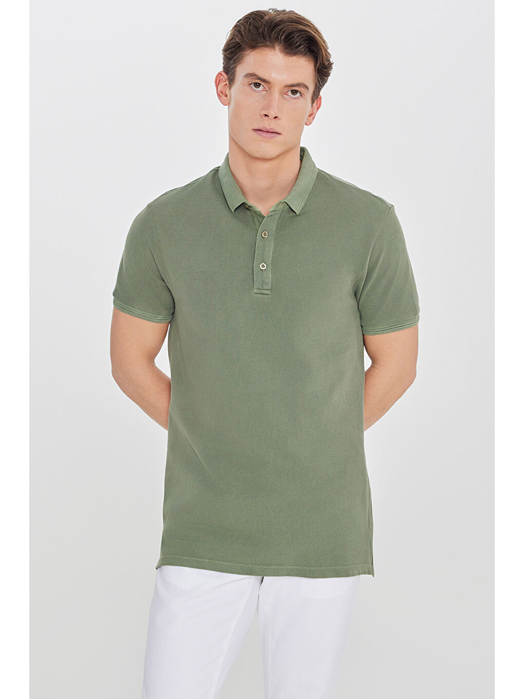 Erkek Haki %100 Pamuk Slim Fit Dar Kesim Polo Yaka Tişört-2