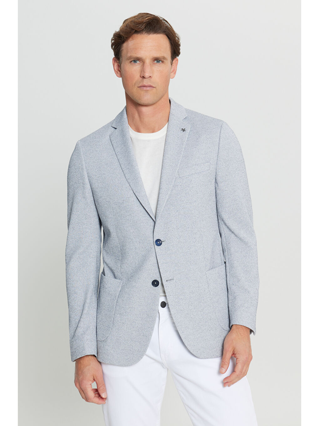 Erkek İndigo 360 Her Yöne Esneyen Slim Fit Dar Kesim Mono Yaka Armürlü Torba Cepli Blazer Ceket-2
