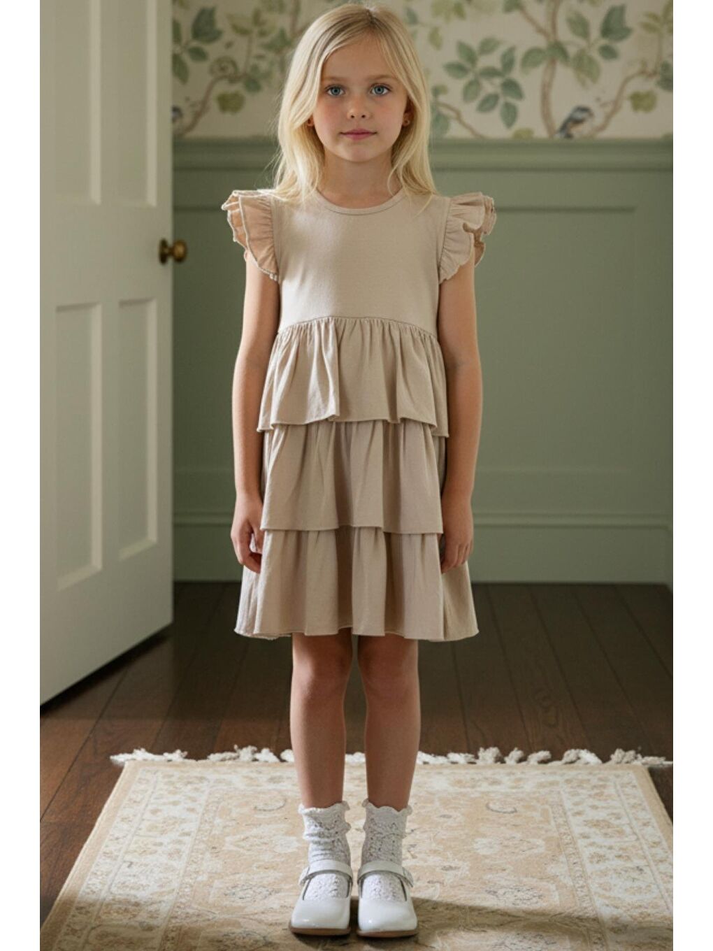 Kız Çocuk Princess Bej Fırfır Kollu Kat Kat Elbise-1