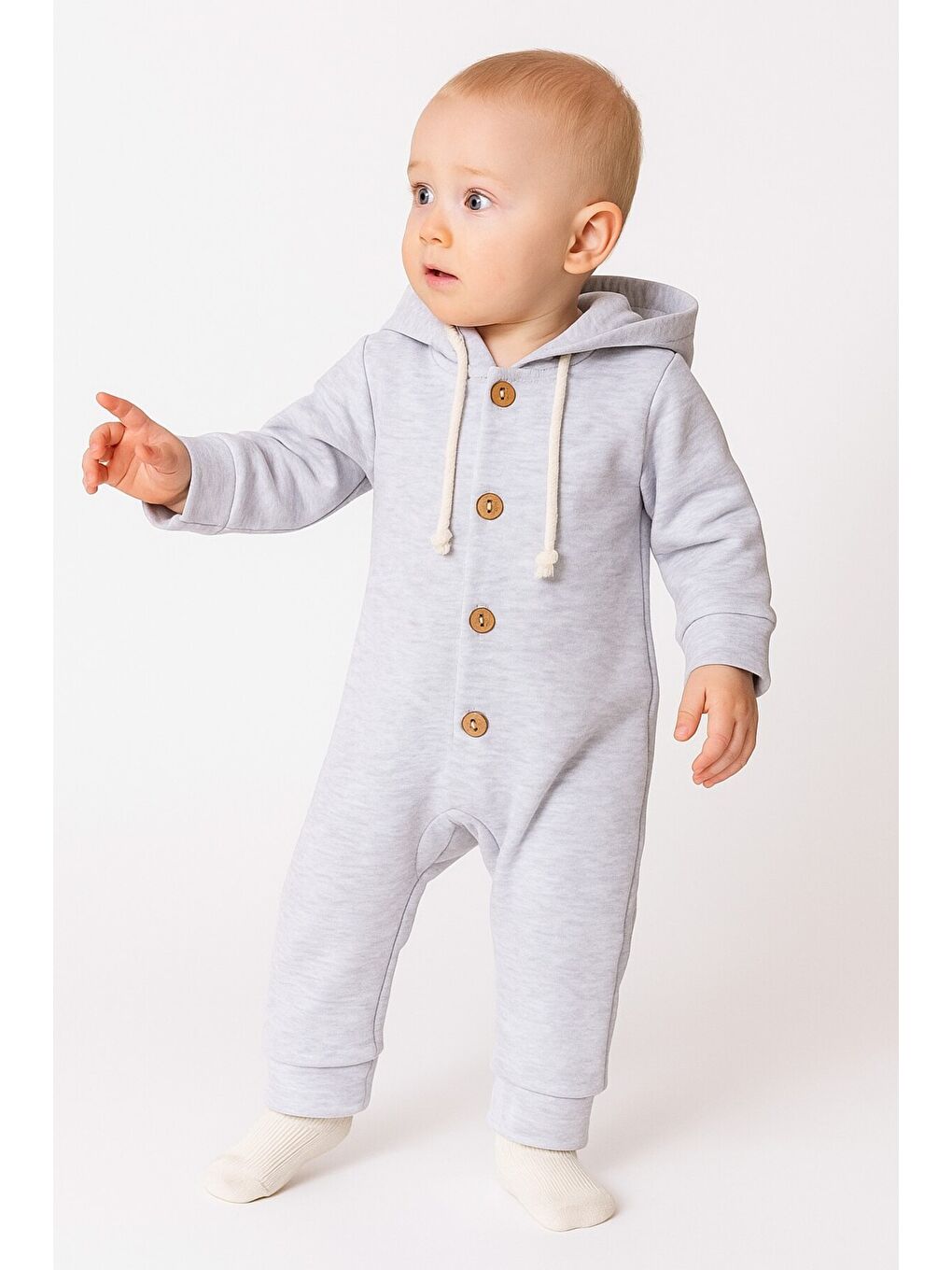 Gri Unisex Bebek Kapüşonlu Düğmeli Mevsimlik Tulum-1