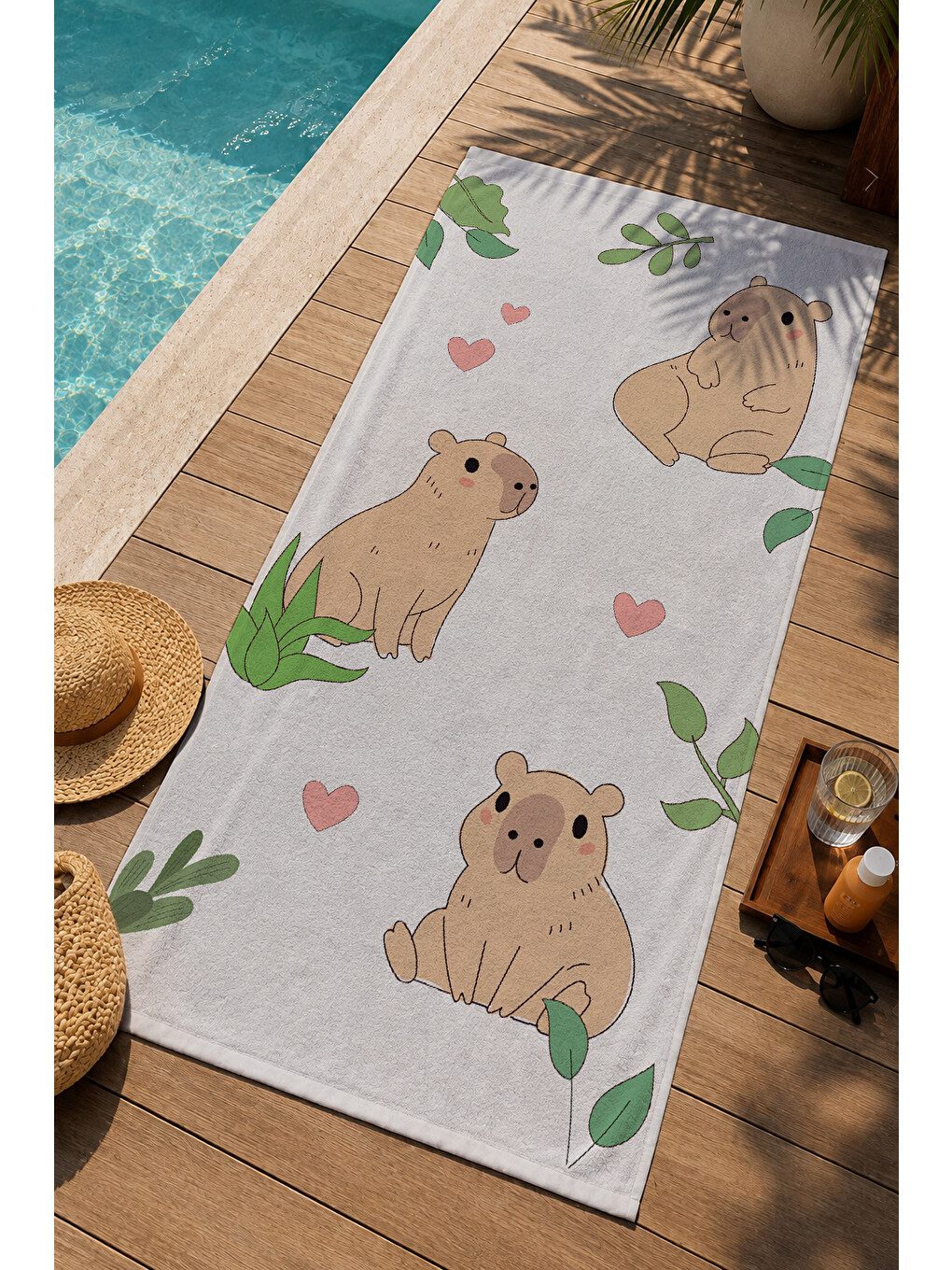 Pembe Kalp Ve Yaprak Desenli 70x150 Cm Dijital Baskılı Plaj Ve Banyo Havlusu-2