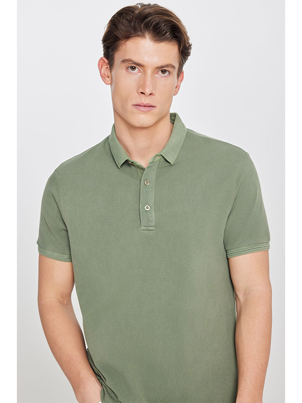 Erkek Haki %100 Pamuk Slim Fit Dar Kesim Polo Yaka Tişört-3