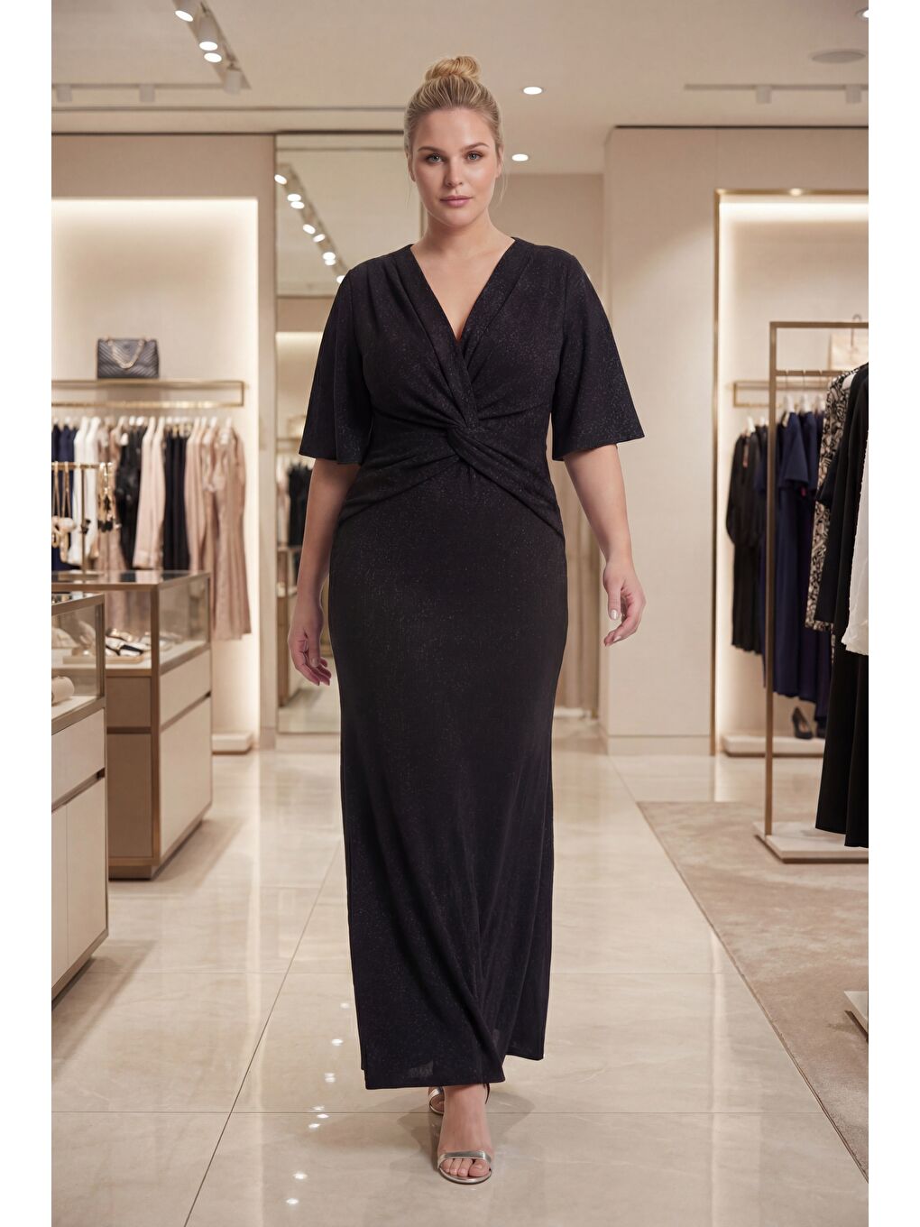 Kadın Siyah V Yaka Kısa Kol Büyük Beden Uzun Abiye Elbise-4