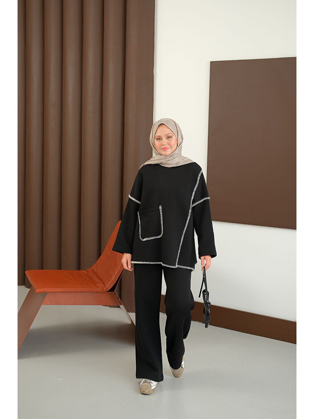 Kadın Dikiş Detay Cepli Takım Siyah-1