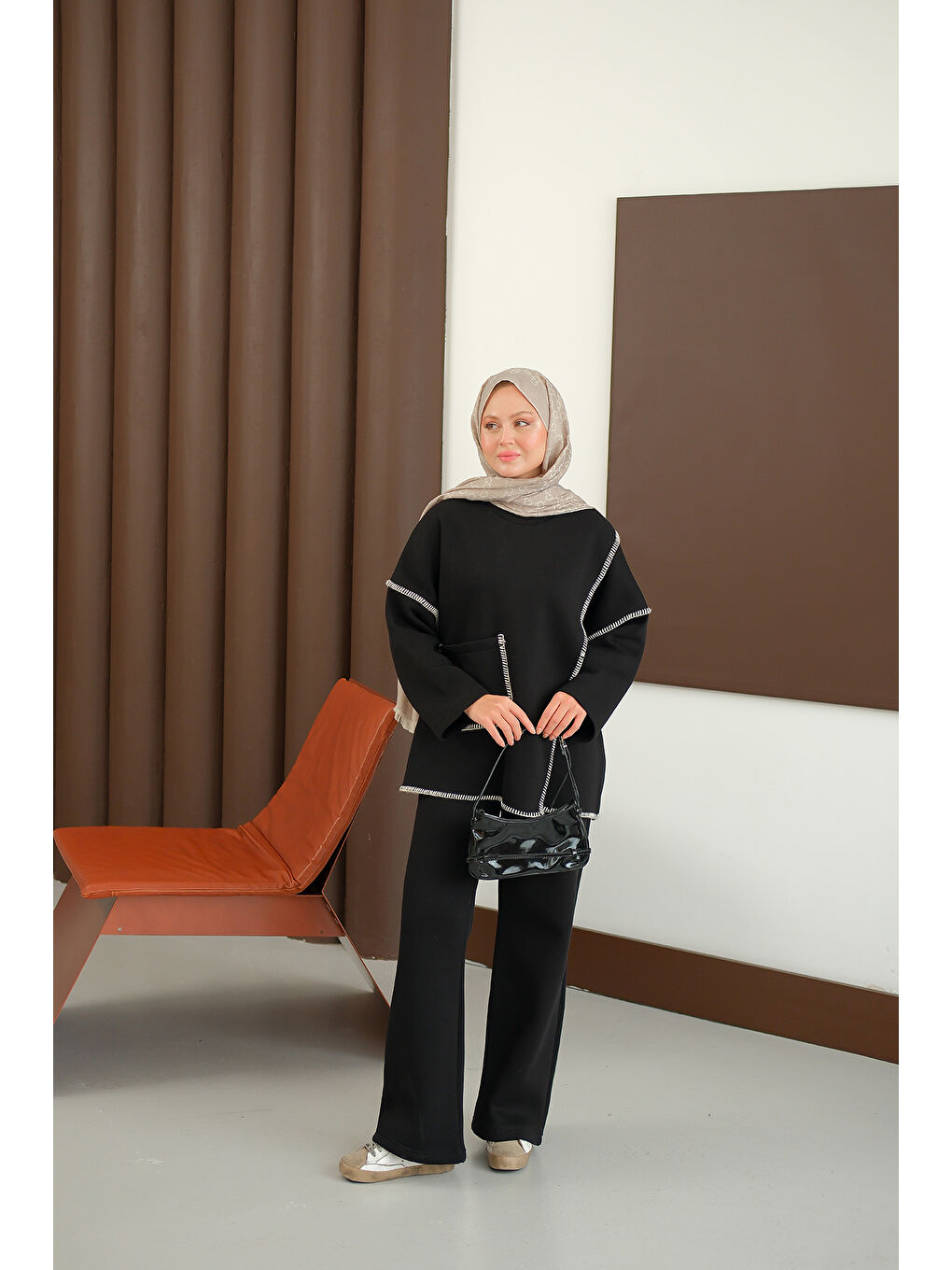 Kadın Dikiş Detay Cepli Takım Siyah-2