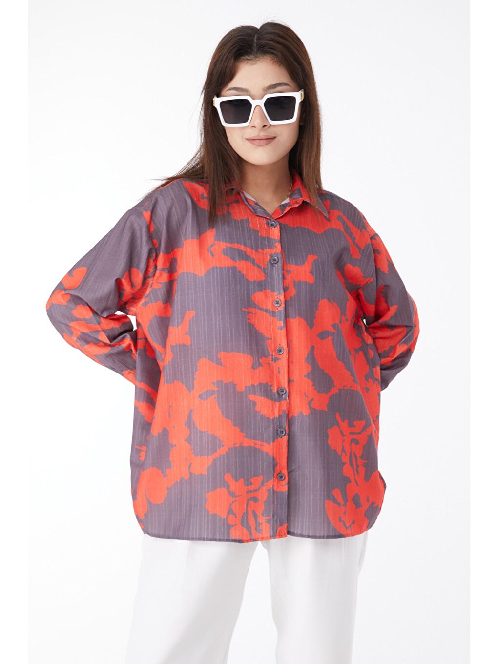 Gömlek Yaka Kadın Turuncu Uzun Kollu Desenli Gömlek - 24569