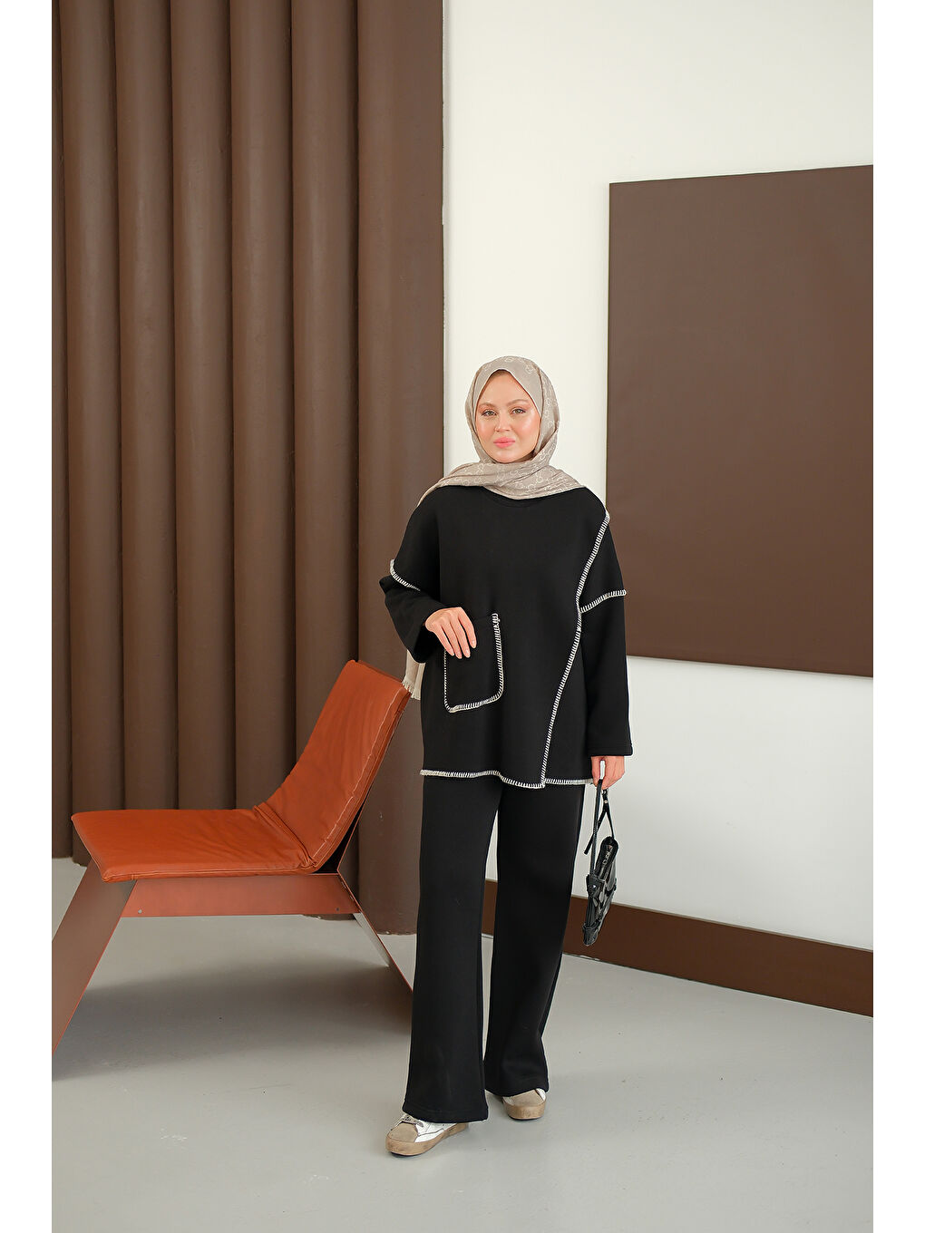 Kadın Dikiş Detay Cepli Takım Siyah-3