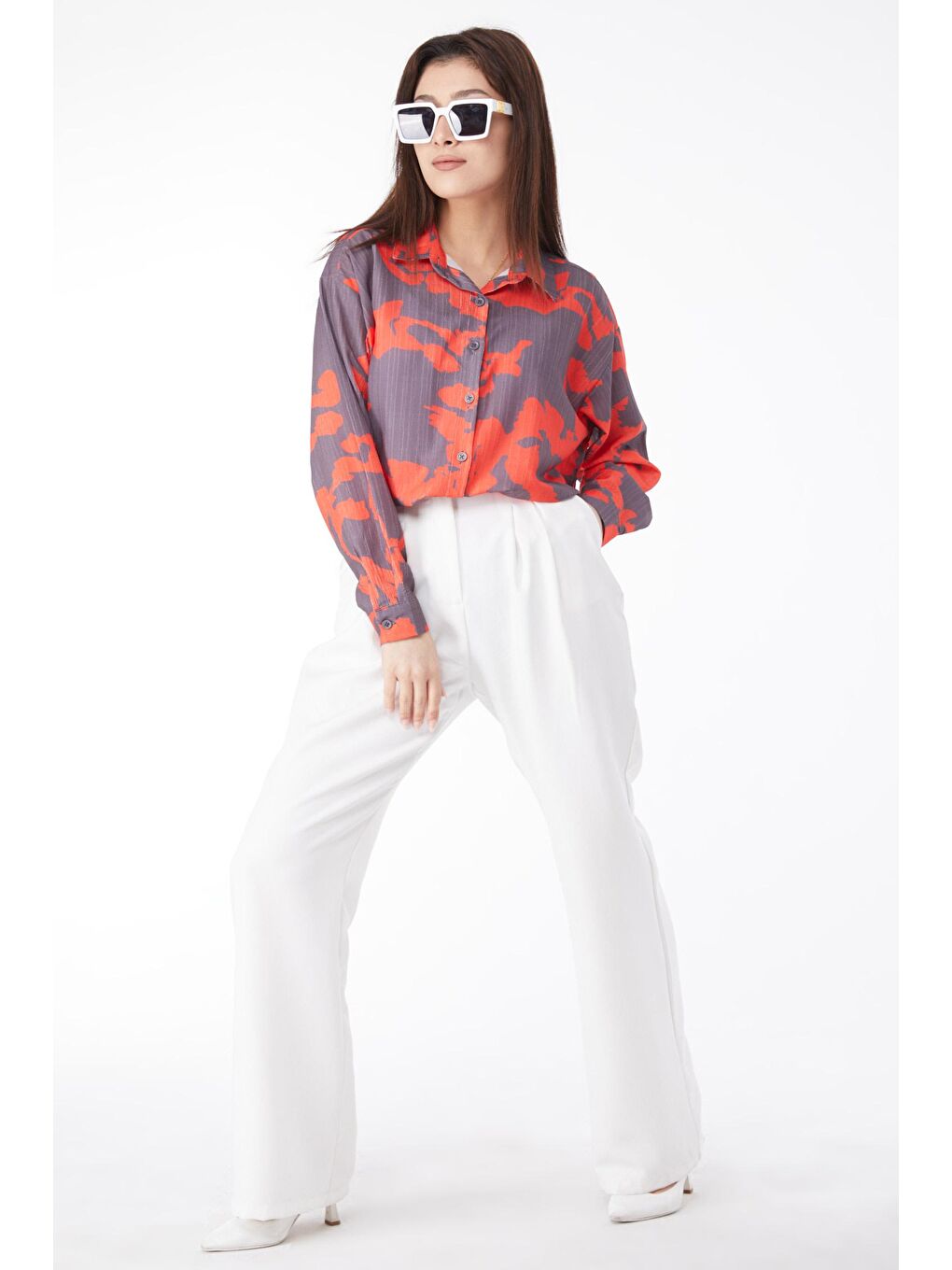 Gömlek Yaka Kadın Turuncu Uzun Kollu Desenli Gömlek - 24569-1
