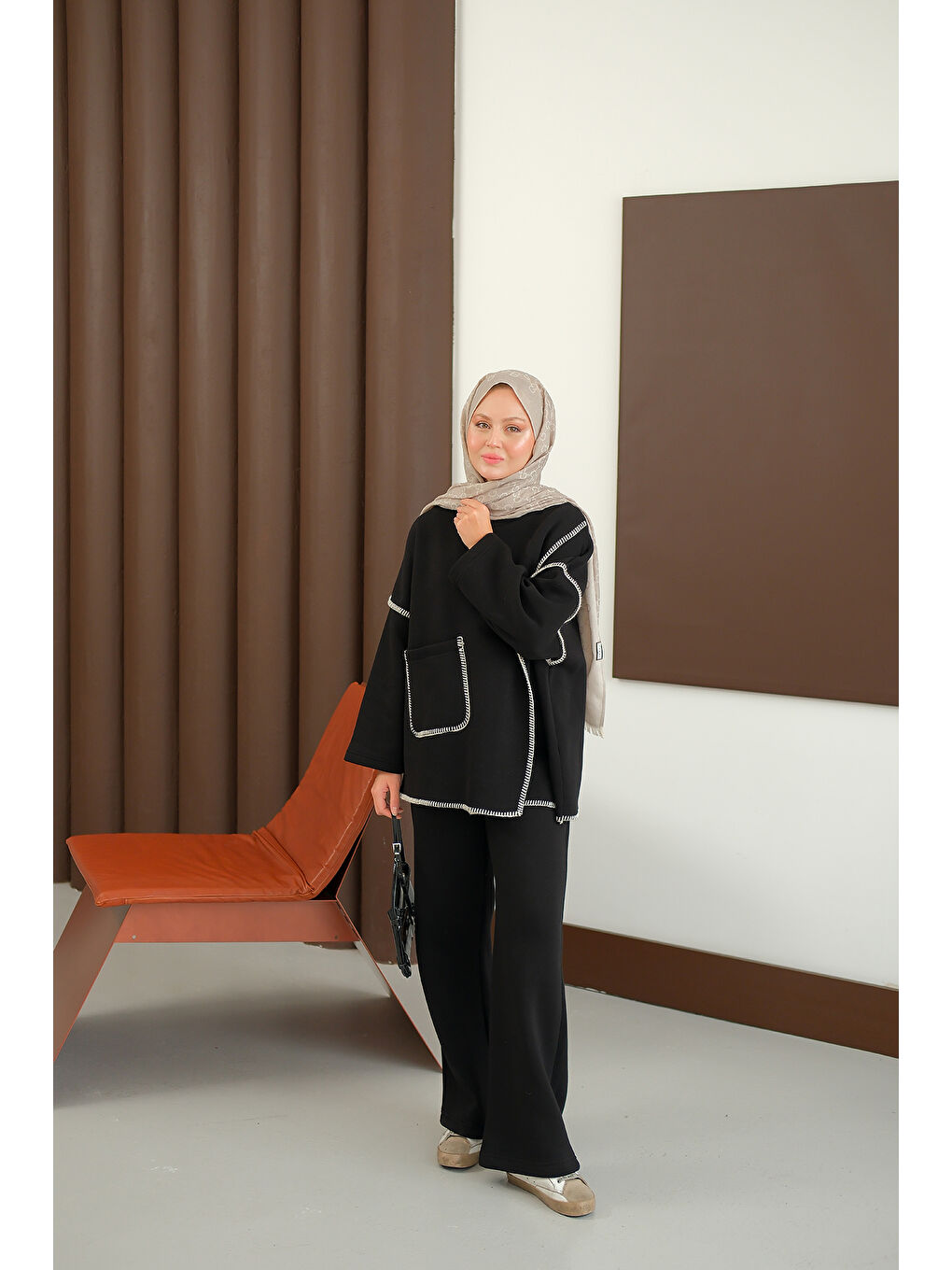 Kadın Dikiş Detay Cepli Takım Siyah-4