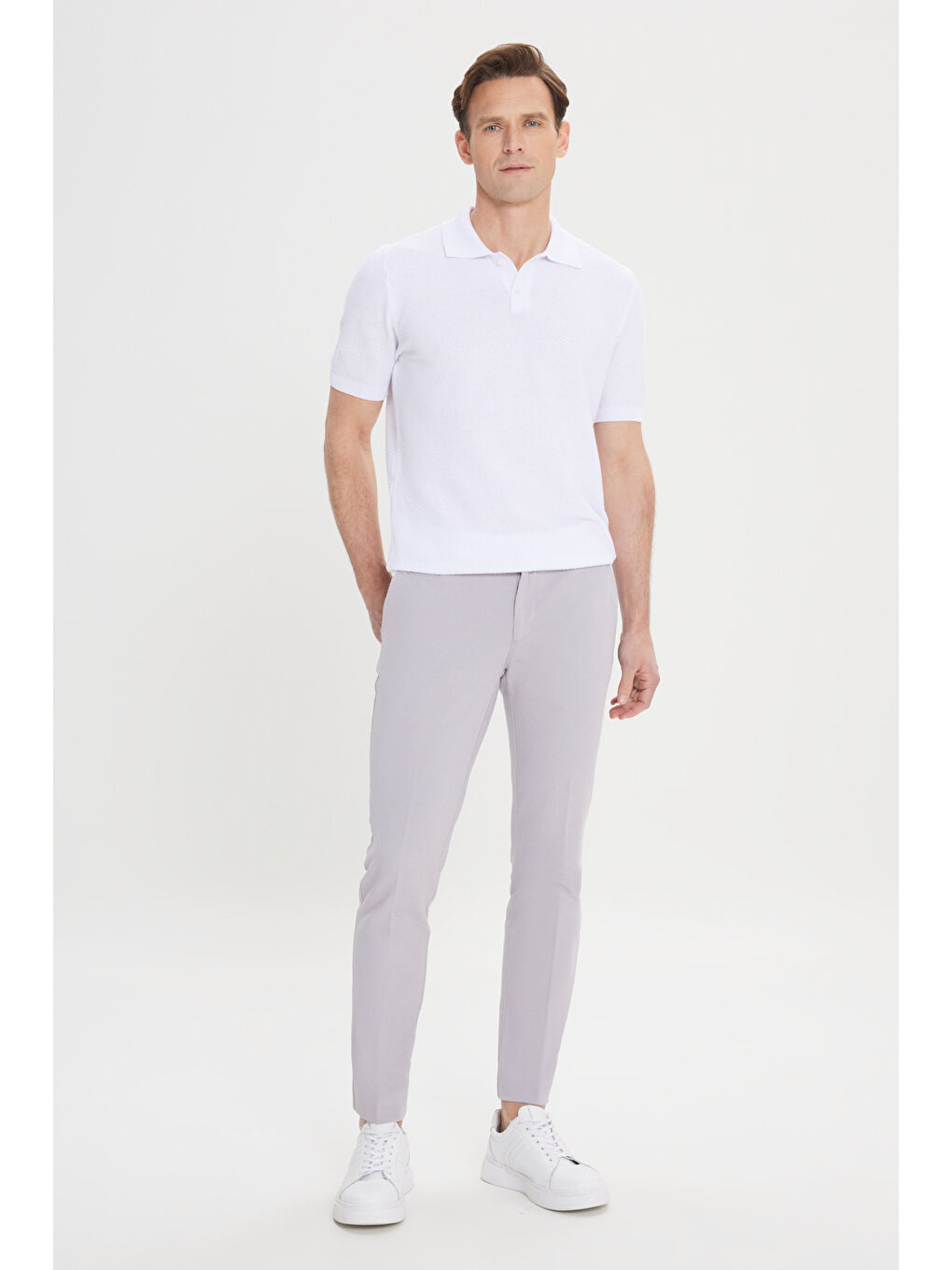 Erkek Gri Slim Fit Dar Kesim Yan Cepli Pamuklu Esnek Armürlü Pantolon-1