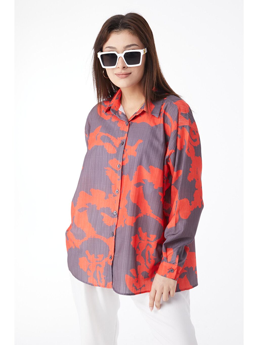 Gömlek Yaka Kadın Turuncu Uzun Kollu Desenli Gömlek - 24569-2