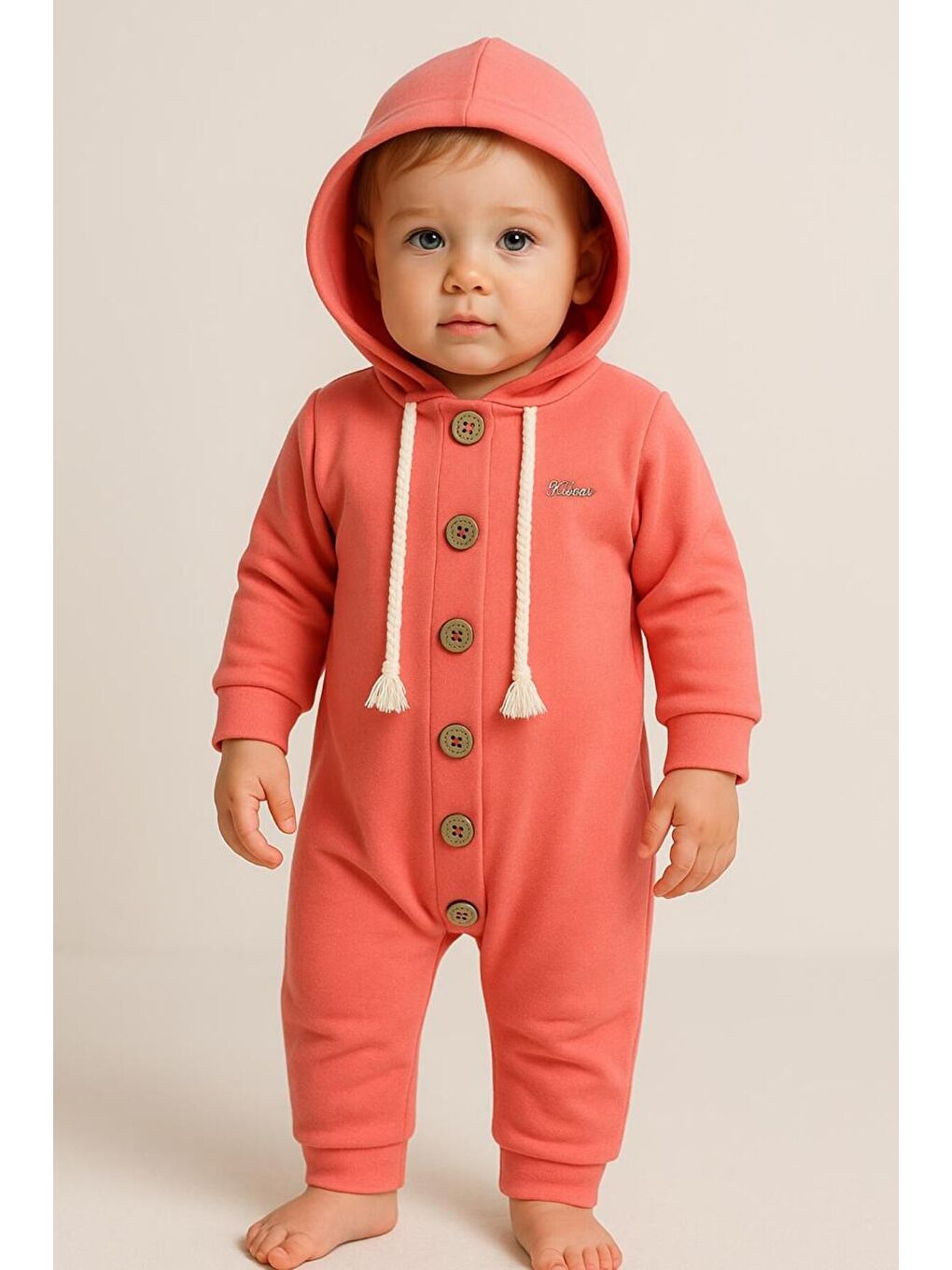 Kırmızı Unisex Bebek Kapüşonlu Düğmeli Mevsimlik Tulum