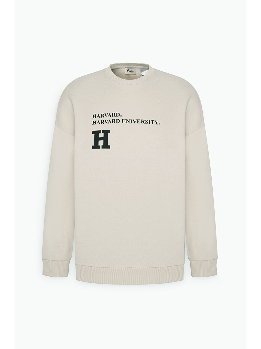 Erkek Açık Bej Oversize Fit Bol Kesim Harvard Lisanslı 3 İplik Pamuklu Bisiklet Yaka Sweatshirt-4