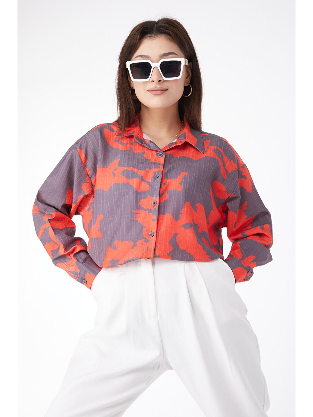 Gömlek Yaka Kadın Turuncu Uzun Kollu Desenli Gömlek - 24569-3