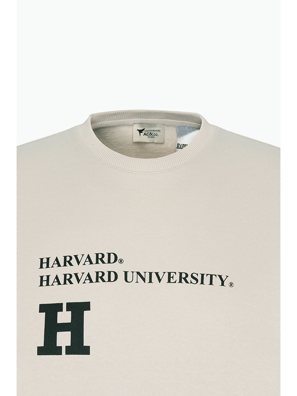 Erkek Açık Bej Oversize Fit Bol Kesim Harvard Lisanslı 3 İplik Pamuklu Bisiklet Yaka Sweatshirt-5