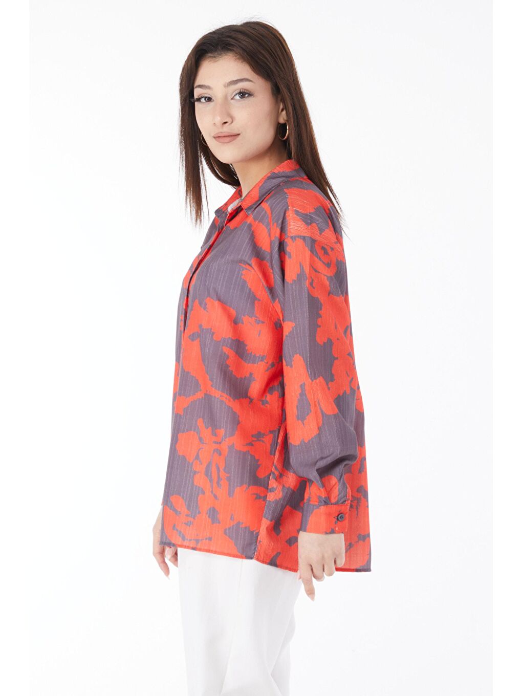 Gömlek Yaka Kadın Turuncu Uzun Kollu Desenli Gömlek - 24569-4