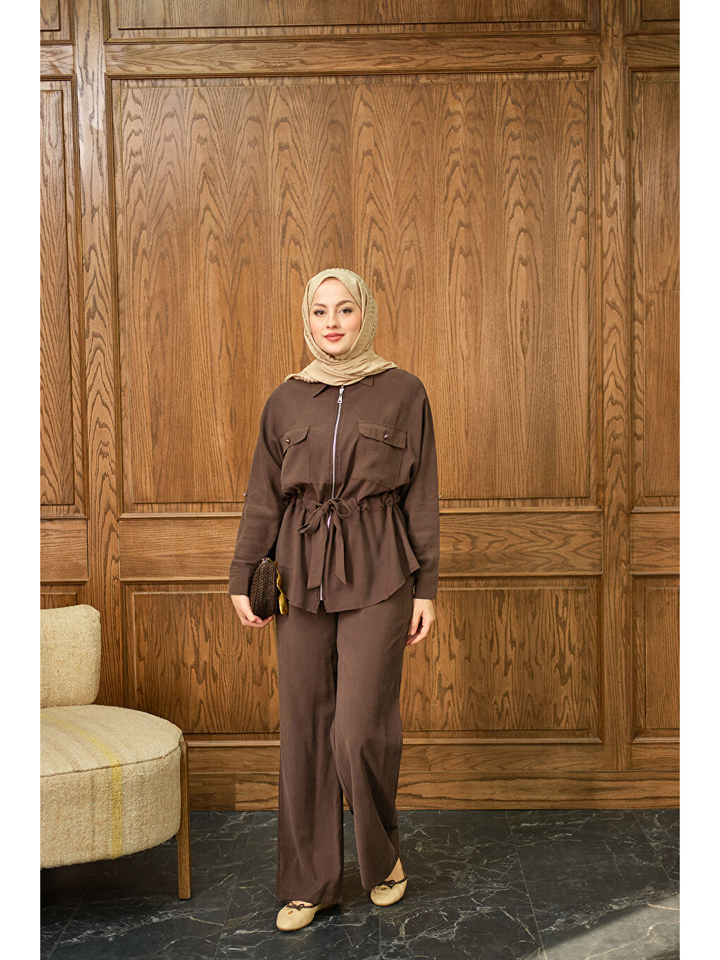 Kadın Fermuarlı İkili Takım Kahverengi-1