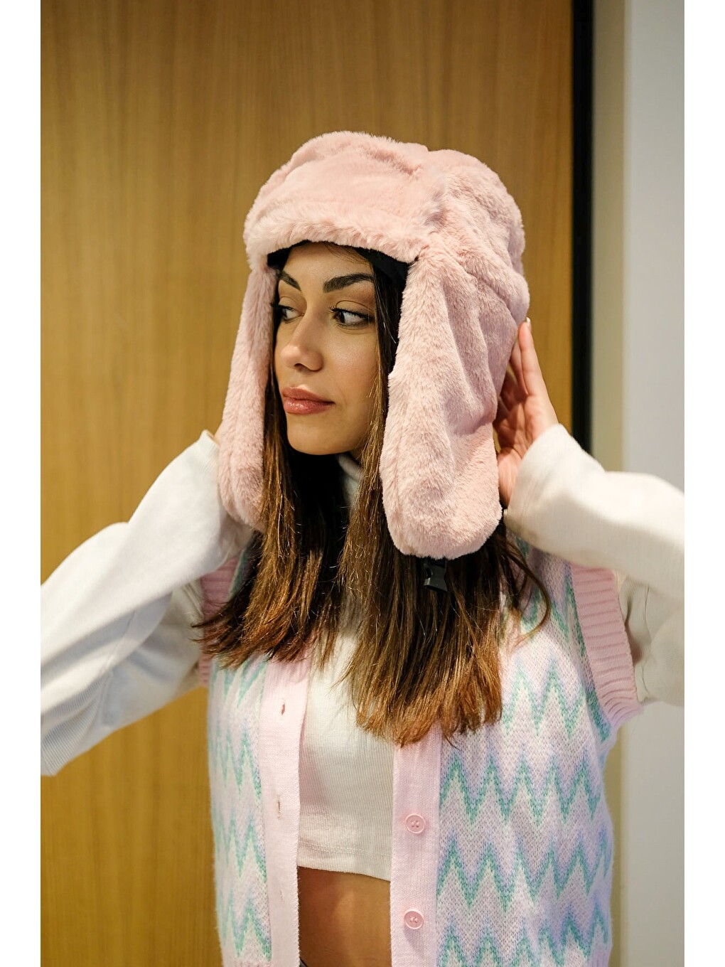 Pembe Pelüş Trapper Şapka 8002 Gül Kurusu-3