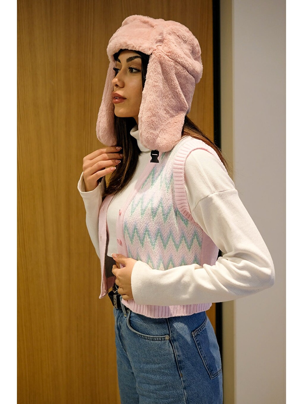 Pembe Pelüş Trapper Şapka 8002 Gül Kurusu-4