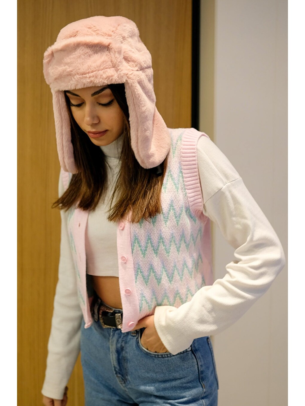Pembe Pelüş Trapper Şapka 8002 Gül Kurusu-5
