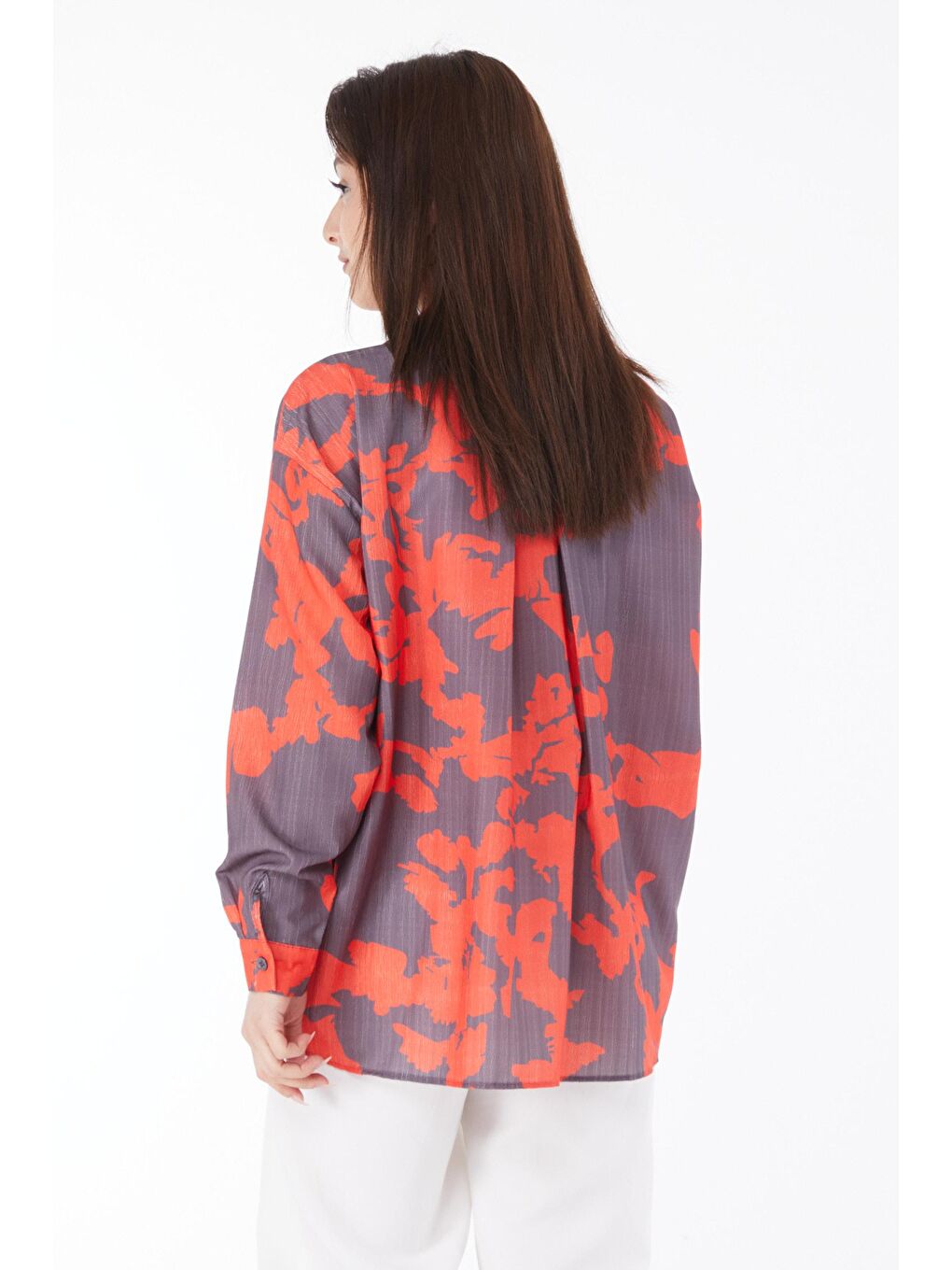 Gömlek Yaka Kadın Turuncu Uzun Kollu Desenli Gömlek - 24569-5