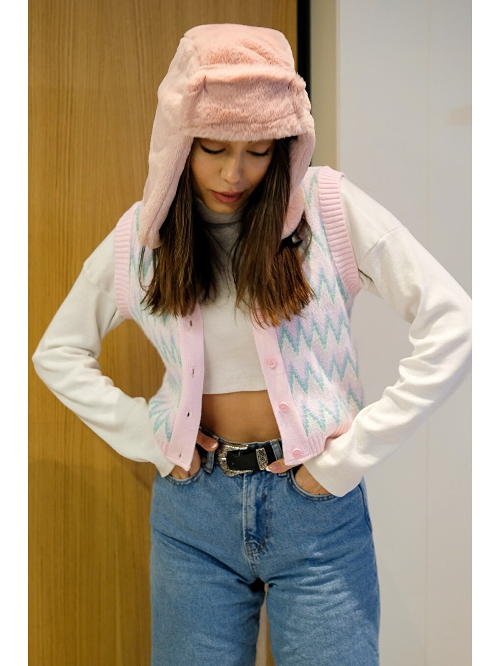 Pembe Pelüş Trapper Şapka 8002 Gül Kurusu-7