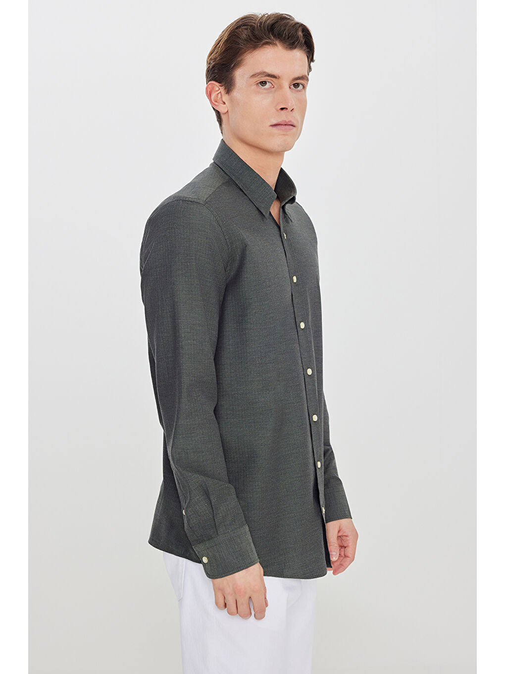 Erkek Haki %100 Pamuk Slim Fit Dar Kesim Gizli Düğme Yaka Balıksırtı Desenli Gömlek-2