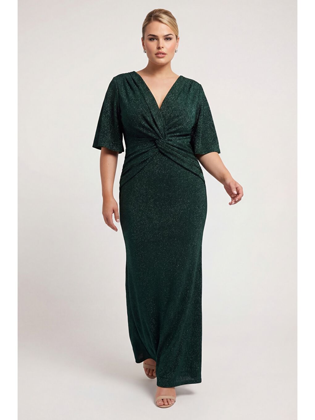 Kadın Zümrüt Yeşili V Yaka Kısa Kol Büyük Beden Uzun Abiye Elbise