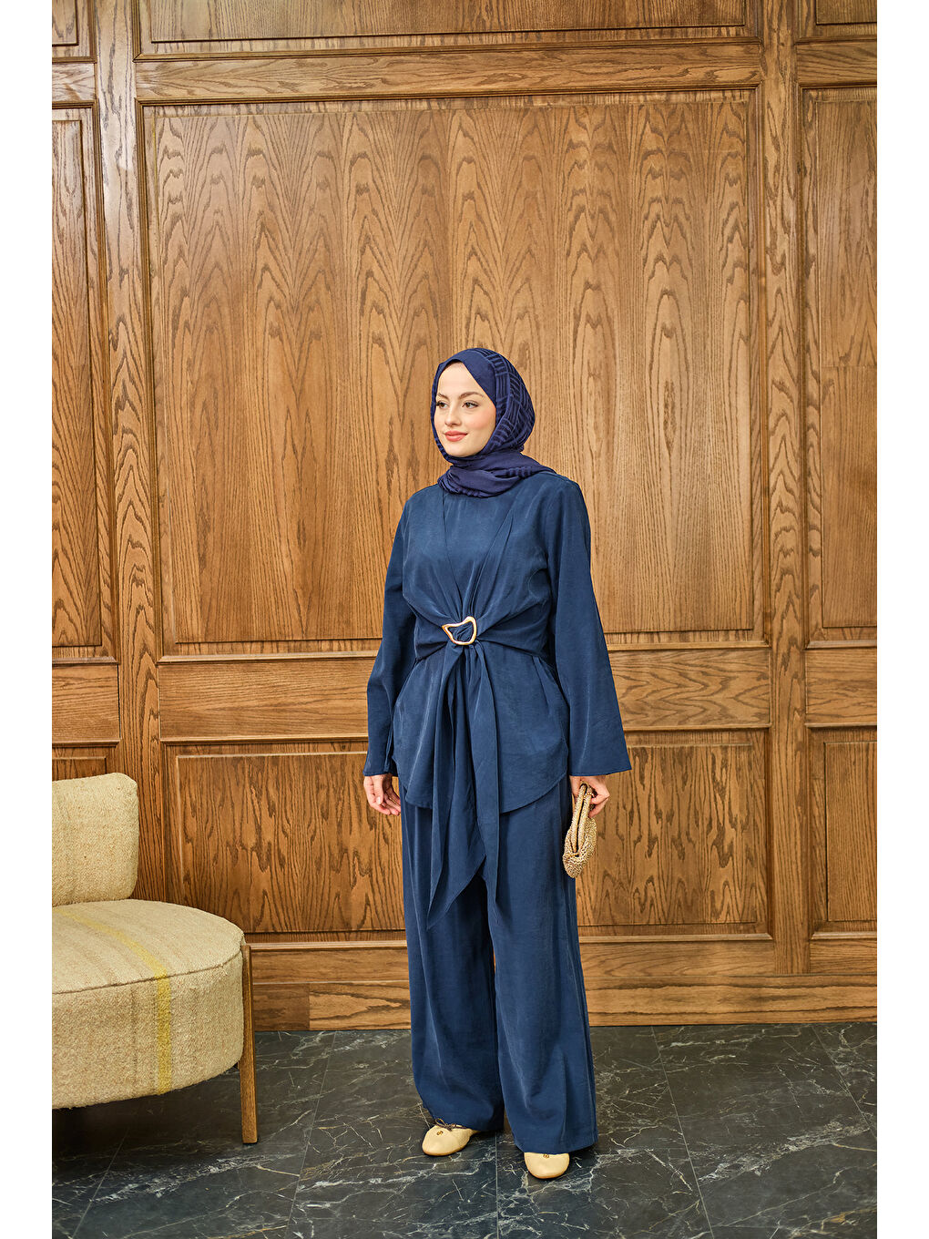 Kadın Gold Kemer Detay Takım Lacivert-1