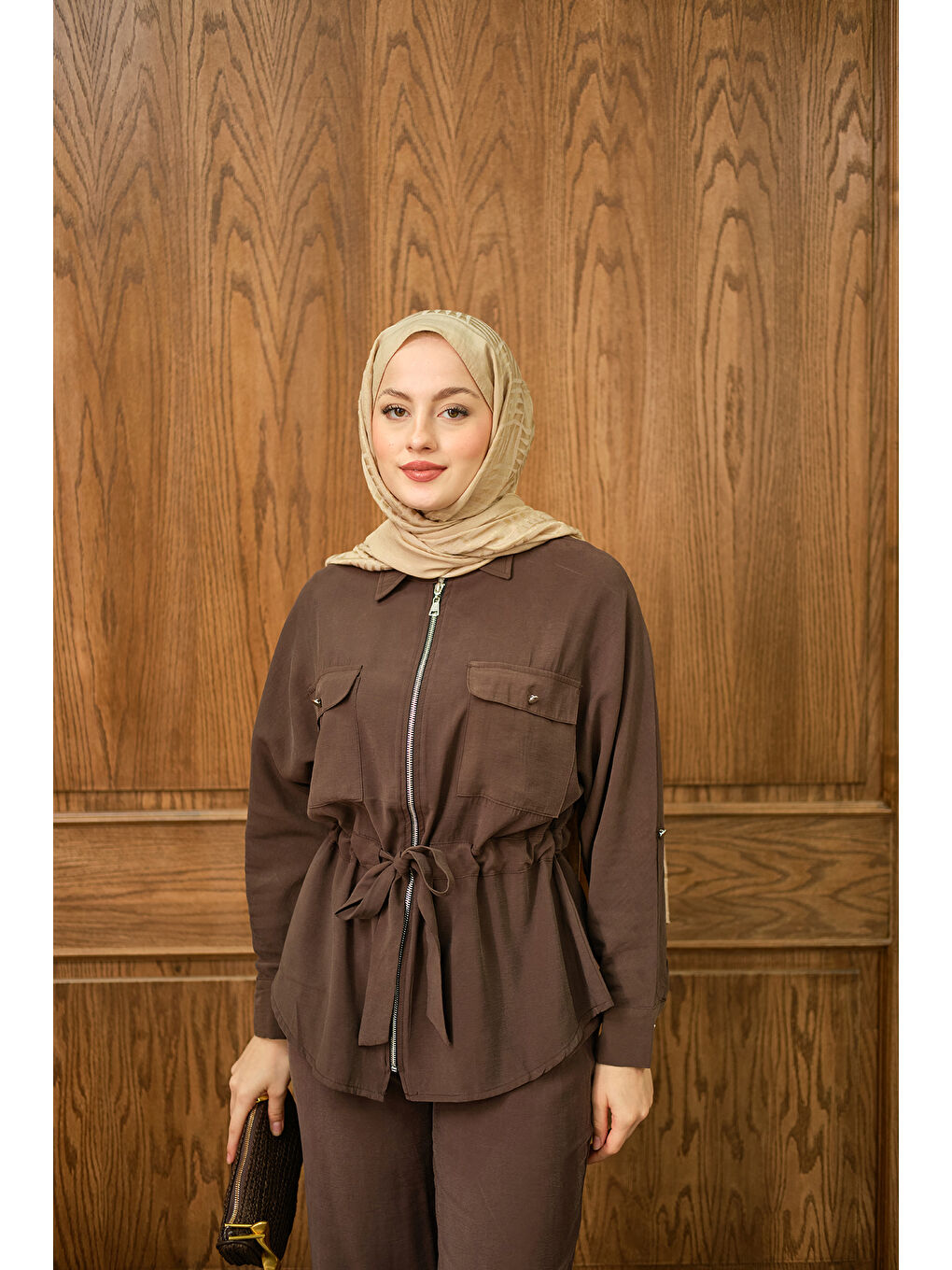 Kadın Fermuarlı İkili Takım Kahverengi-3