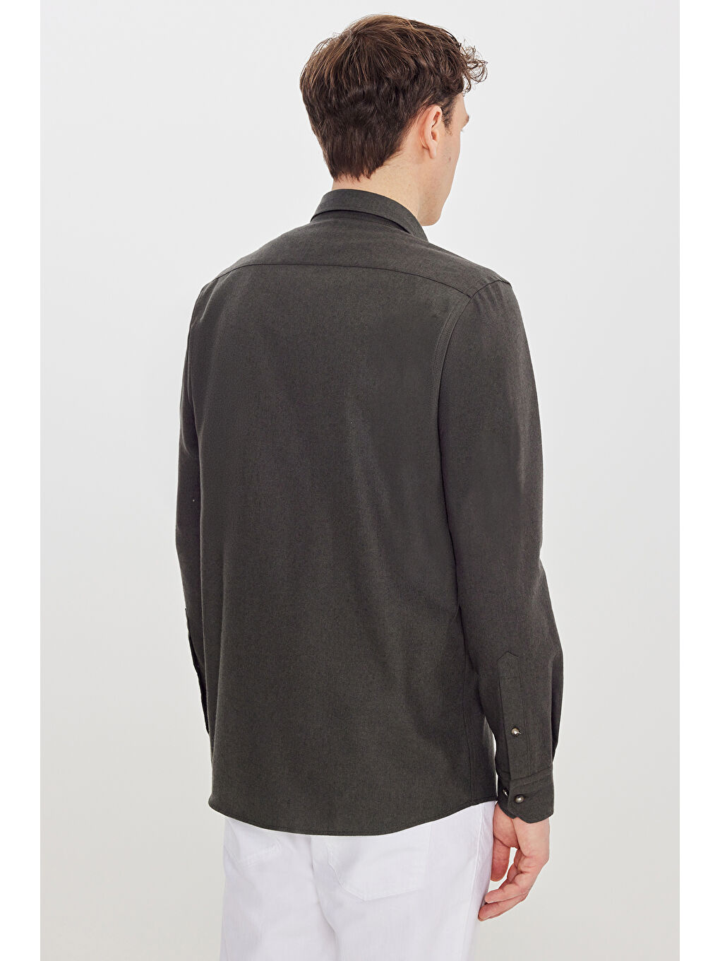 Erkek Haki Pamuklu Slim Fit Dar Kesim Düğmeli Yaka Diagonal Desenli Flanel Gömlek-4