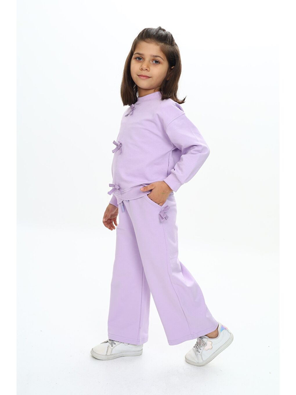 Lila Kız Çocuk Fiyonk Detaylı Takım-1