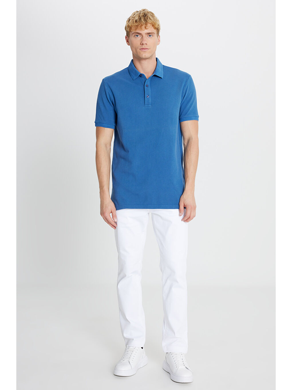 Erkek İndigo %100 Pamuk Slim Fit Dar Kesim Polo Yaka Tişört-1