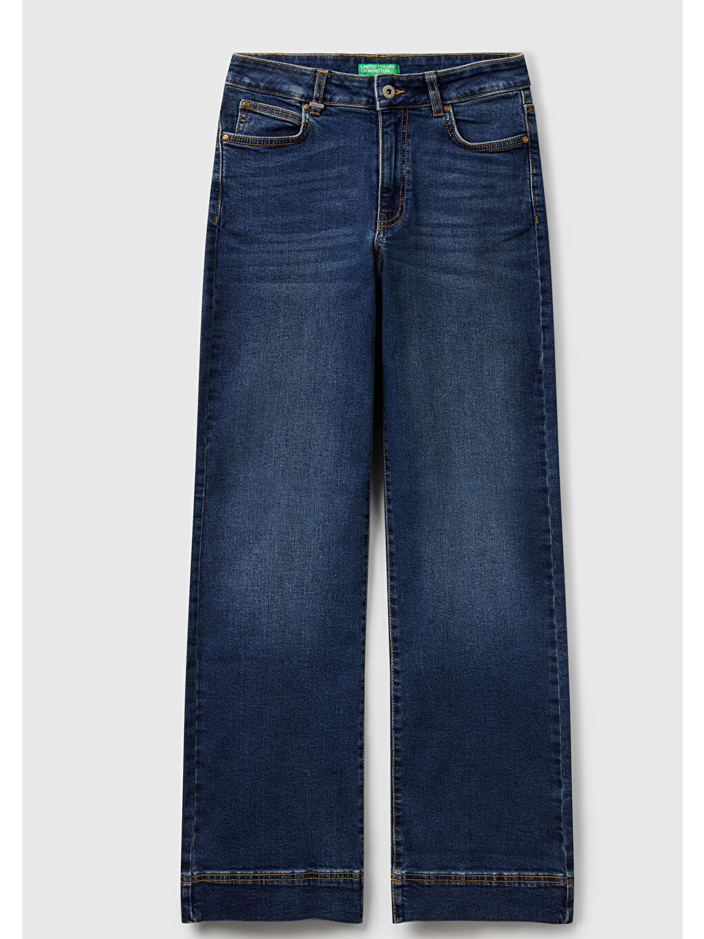 Kadın Koyu Mavi Pamuk Karışımlı Arkası Logo Etiketli Geniş Denim Pantolon-1