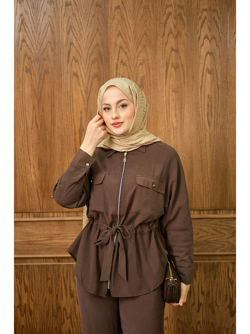 Kadın Fermuarlı İkili Takım Kahverengi-4