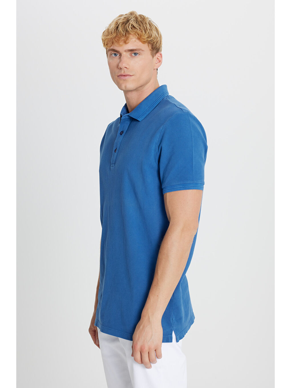 Erkek İndigo %100 Pamuk Slim Fit Dar Kesim Polo Yaka Tişört-2