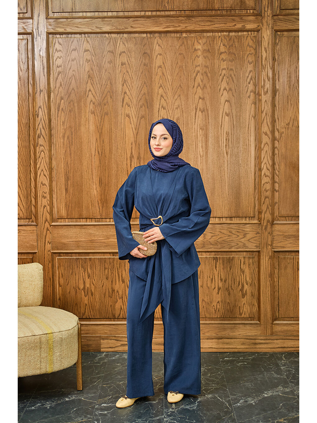 Kadın Gold Kemer Detay Takım Lacivert-3