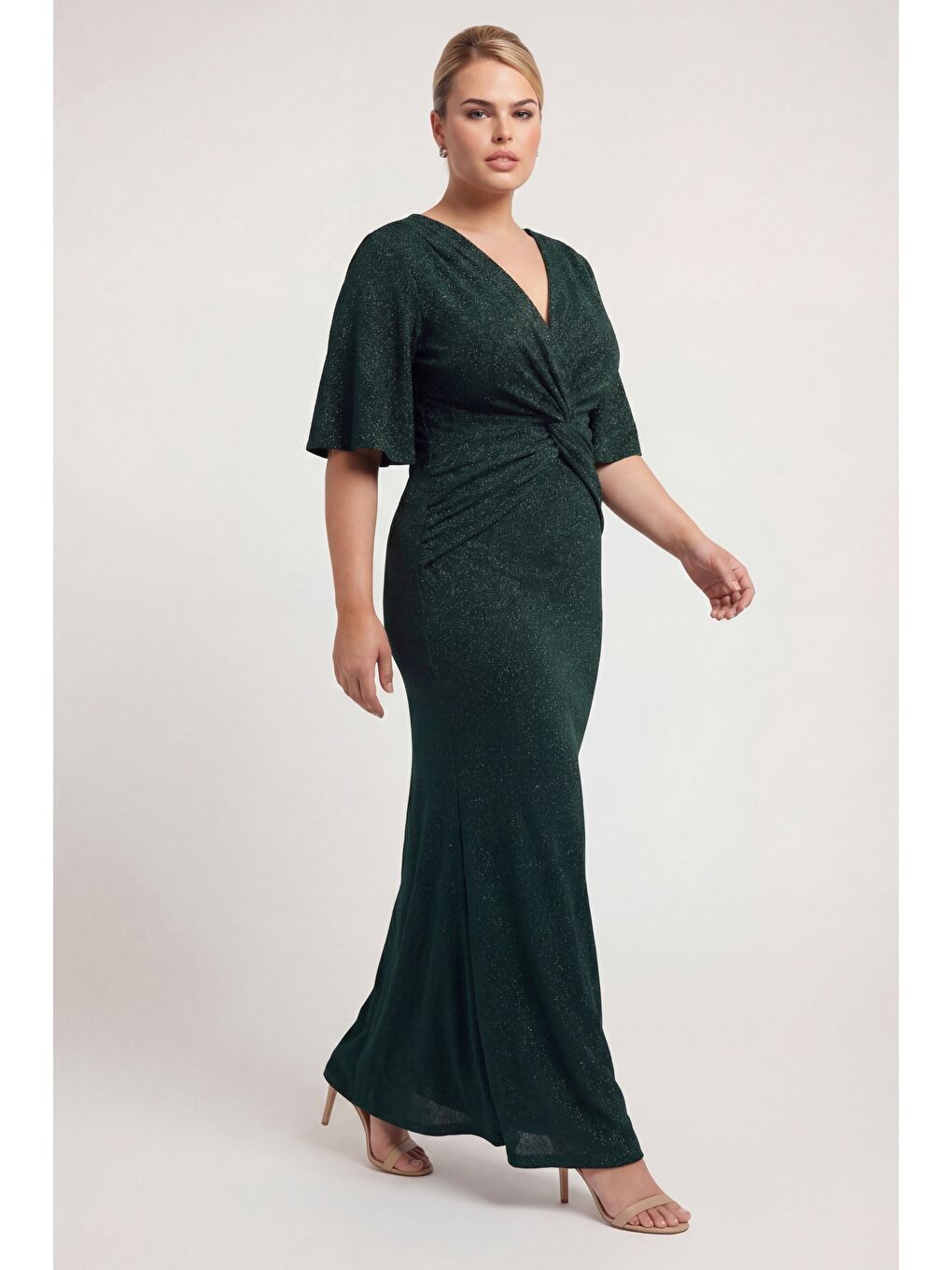 Kadın Zümrüt Yeşili V Yaka Kısa Kol Büyük Beden Uzun Abiye Elbise-1